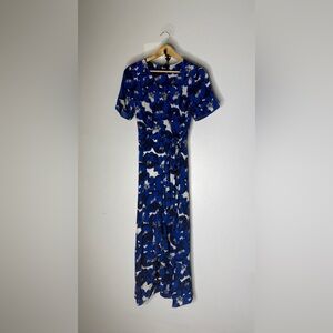 The Kooples Silk Wrap Midi Dress Blue Black White Floral Siz 1 Small